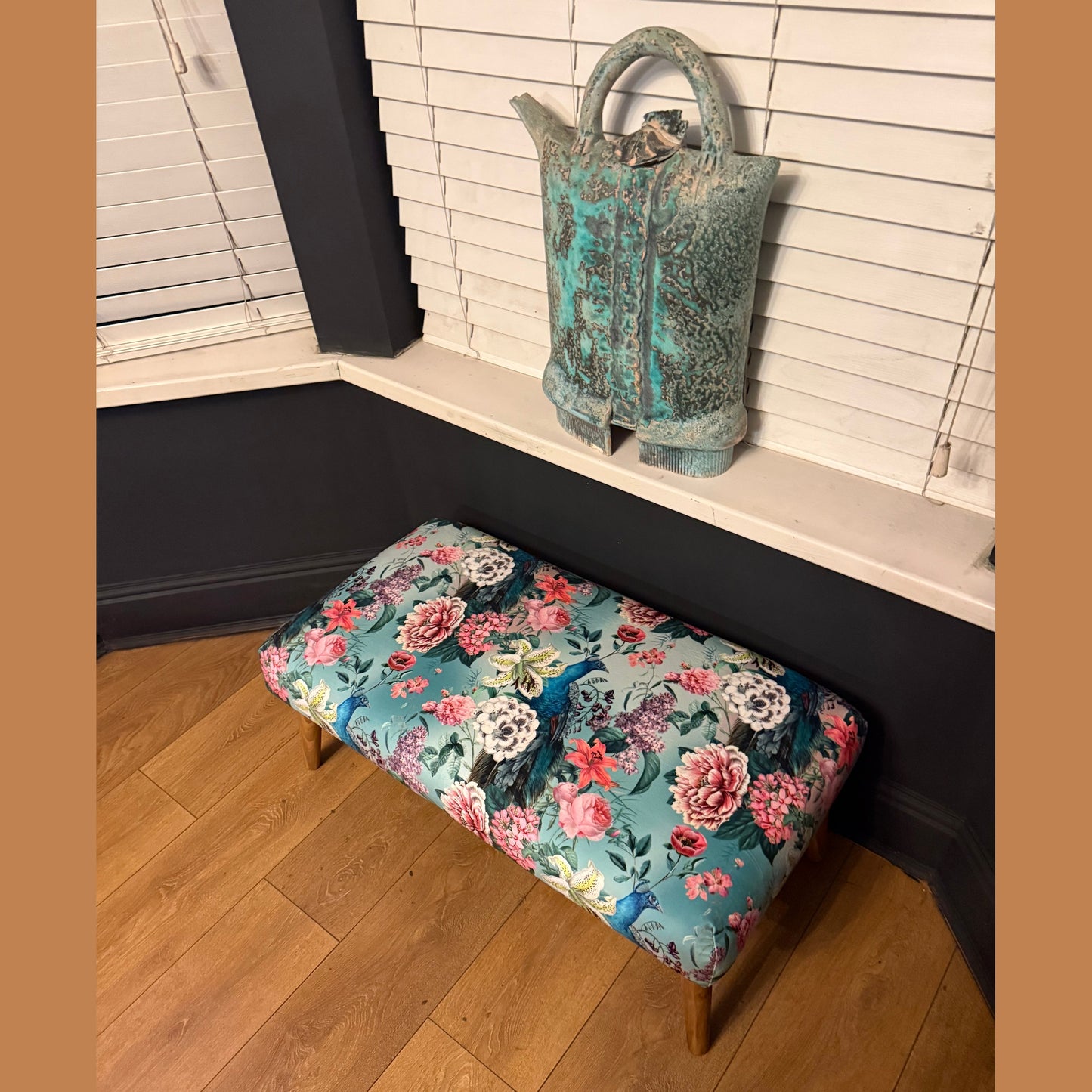 Turquoise peacocks and lily velvet Footstool