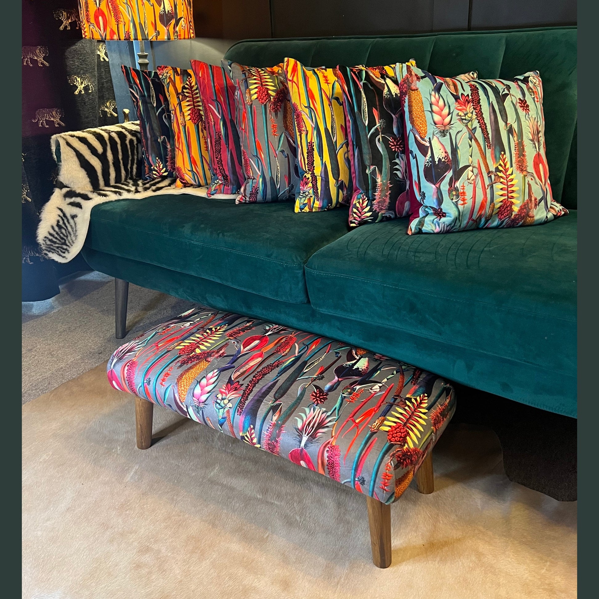 Botanical Lily | Grey & Pink  Velvet | Footstool