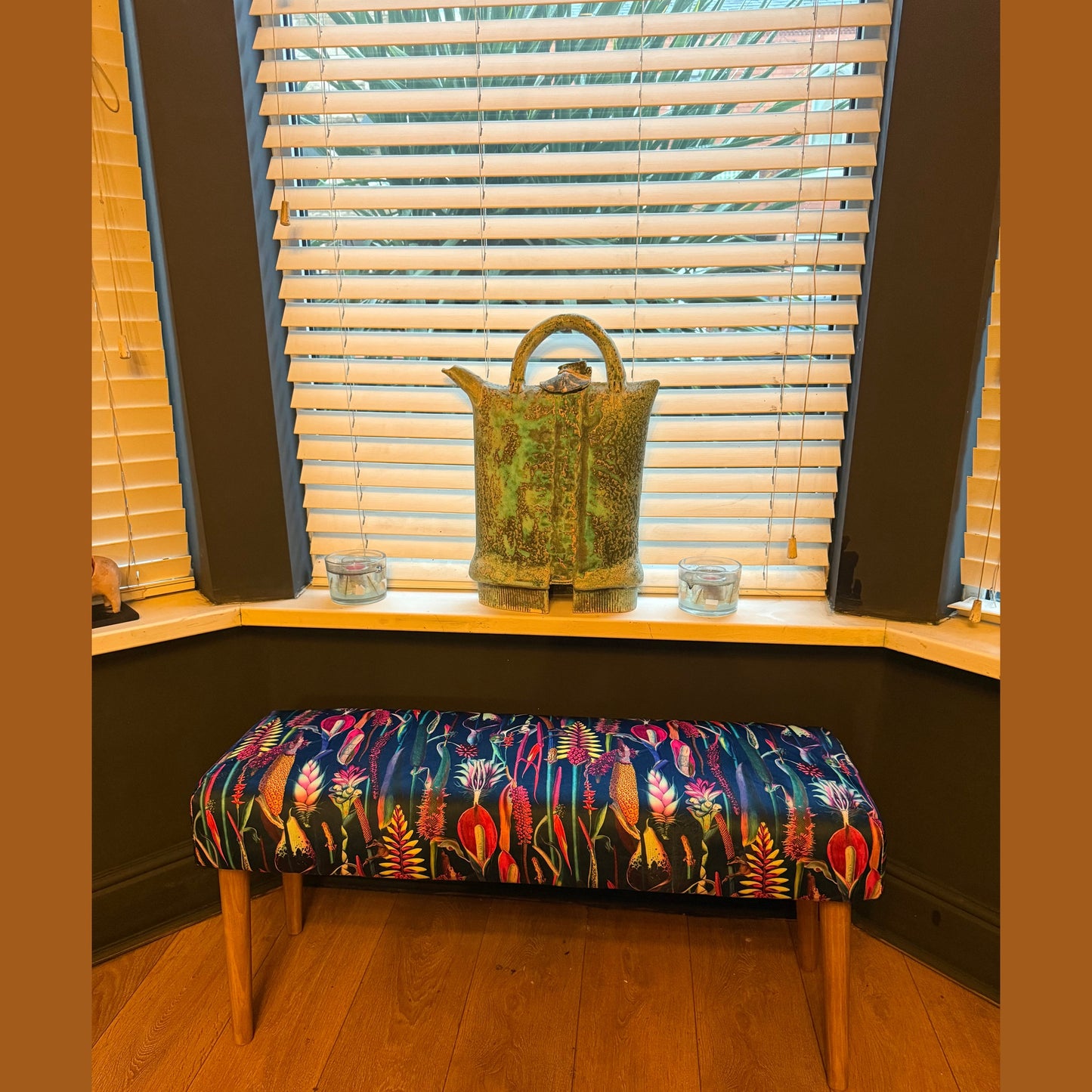 Navy velvet botanical lily bench