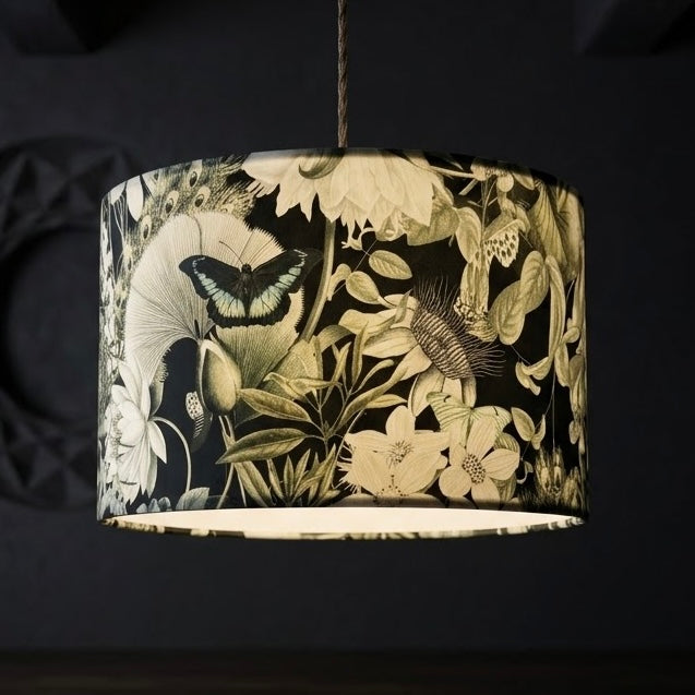Peacocks & Butterflies | Black & Sage Velvet | Pendant Lampshade
