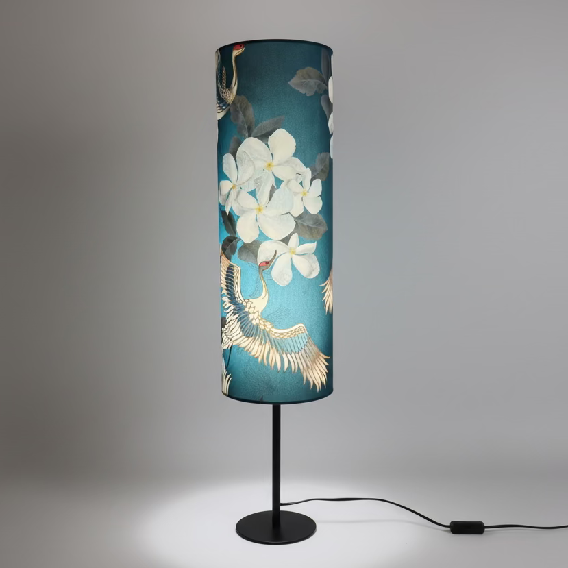 Japanese Cranes| Teal & Grey Velvet | Cylinder Lampshade