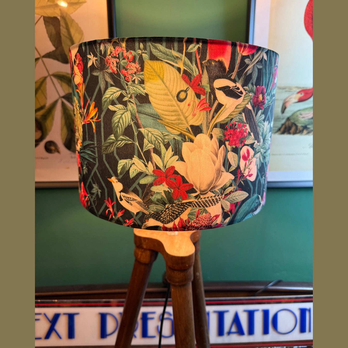 Geometric jays black velvet lampshade parrot toucan palm peacock jungle