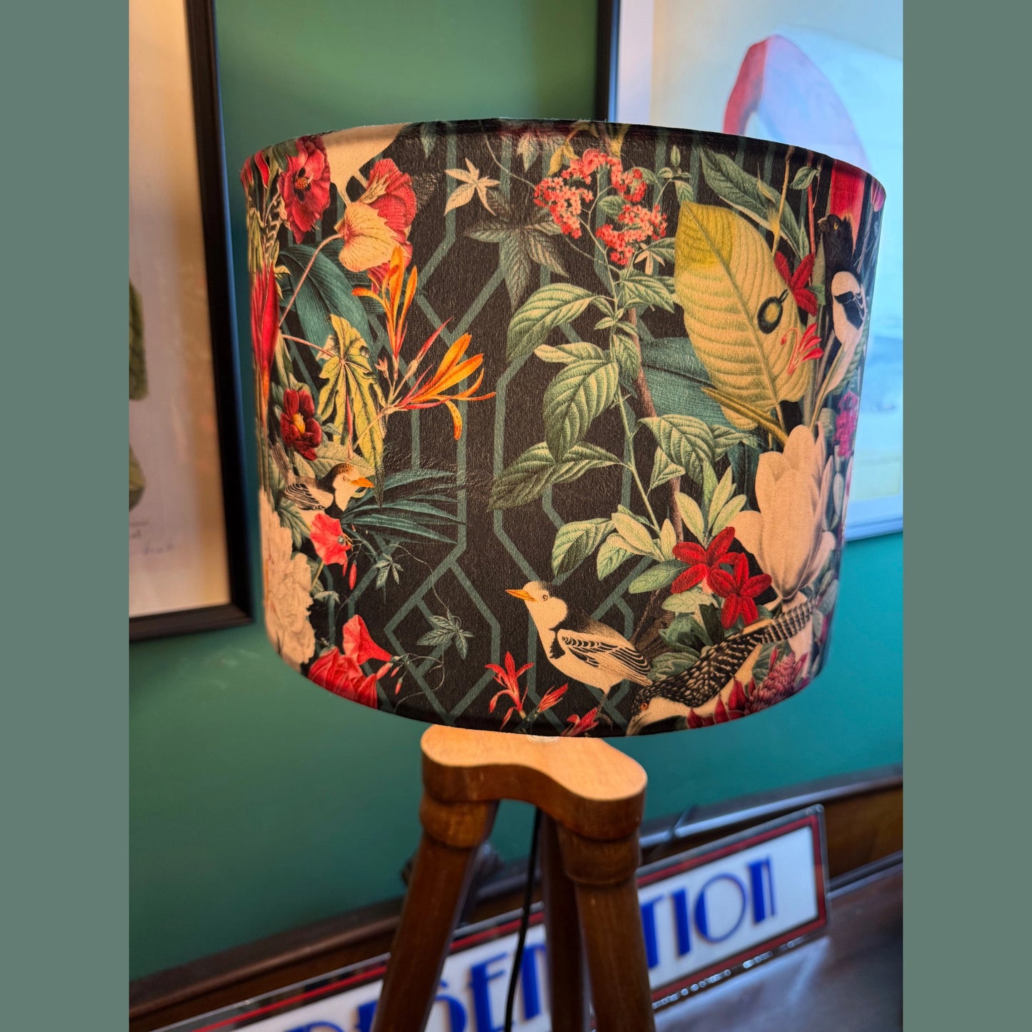 Geometric jays black velvet lampshade parrot toucan palm peacock jungle