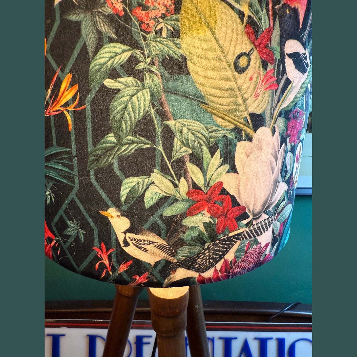 Geometric jays black velvet lampshade parrot toucan palm peacock jungle