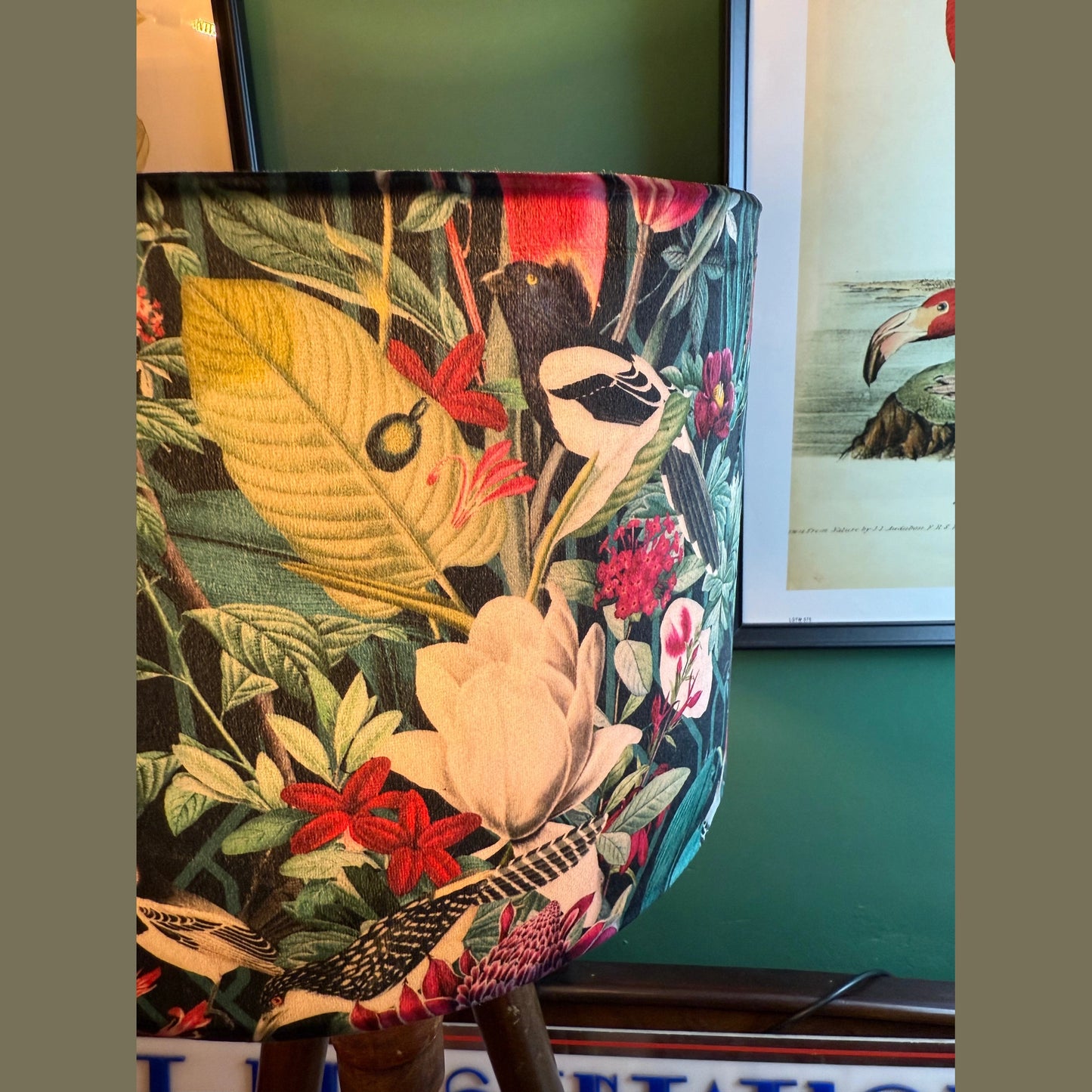 Geometric jays black velvet lampshade parrot toucan palm peacock jungle