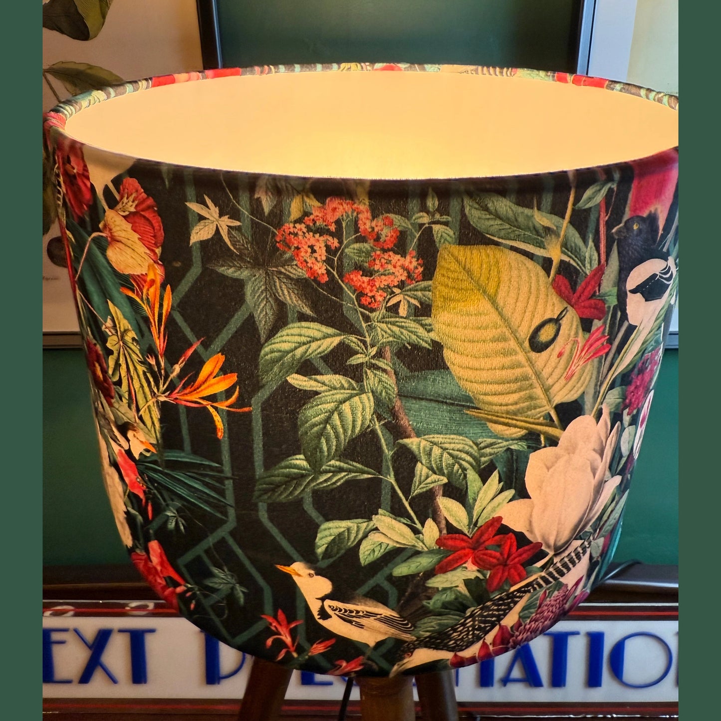 Geometric jays black velvet lampshade parrot toucan palm peacock jungle