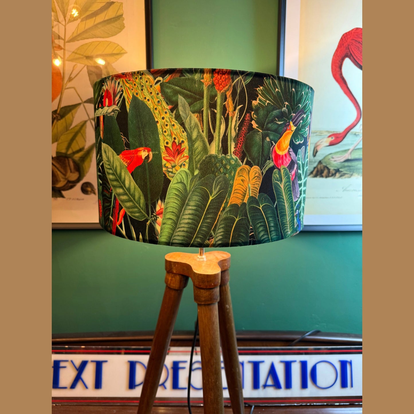 Rainforest black velvet lampshade parrot toucan palm peacock jungle