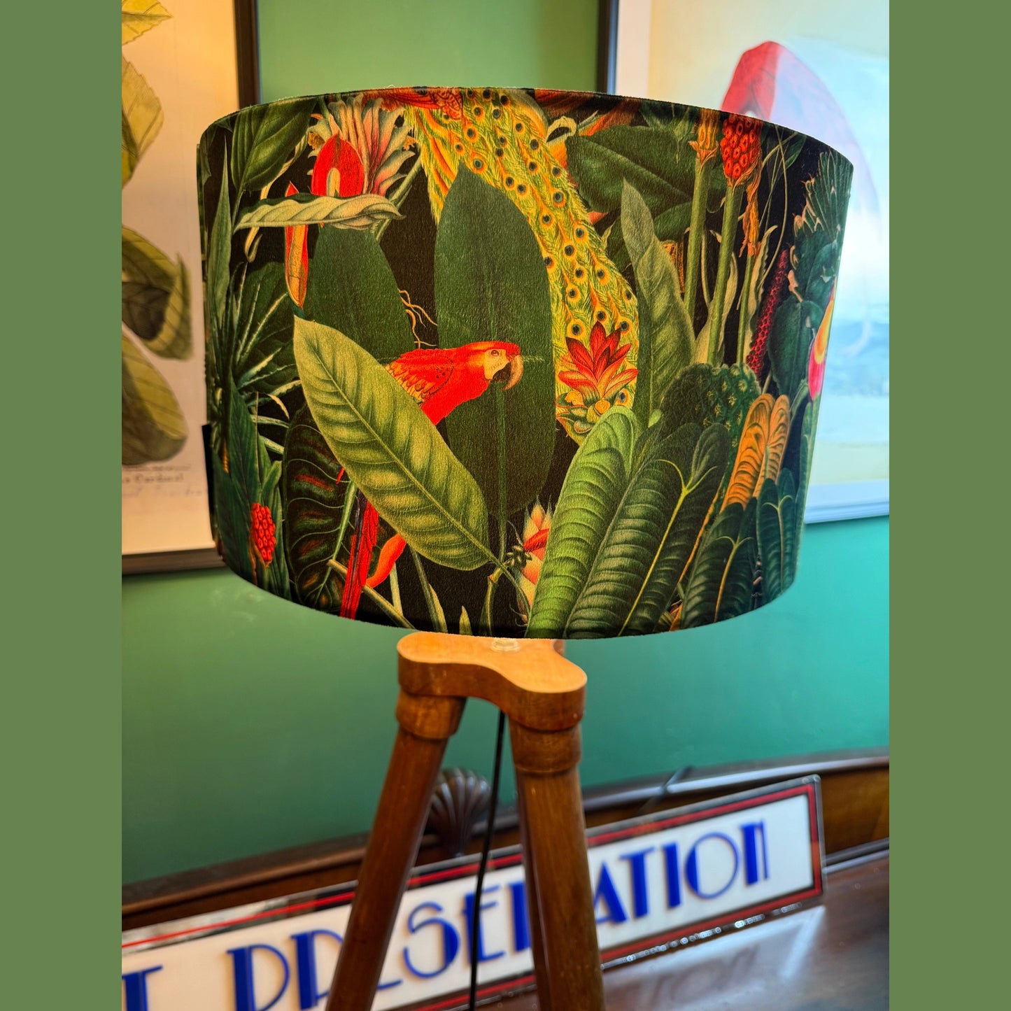 Rainforest black velvet lampshade parrot toucan palm peacock jungle