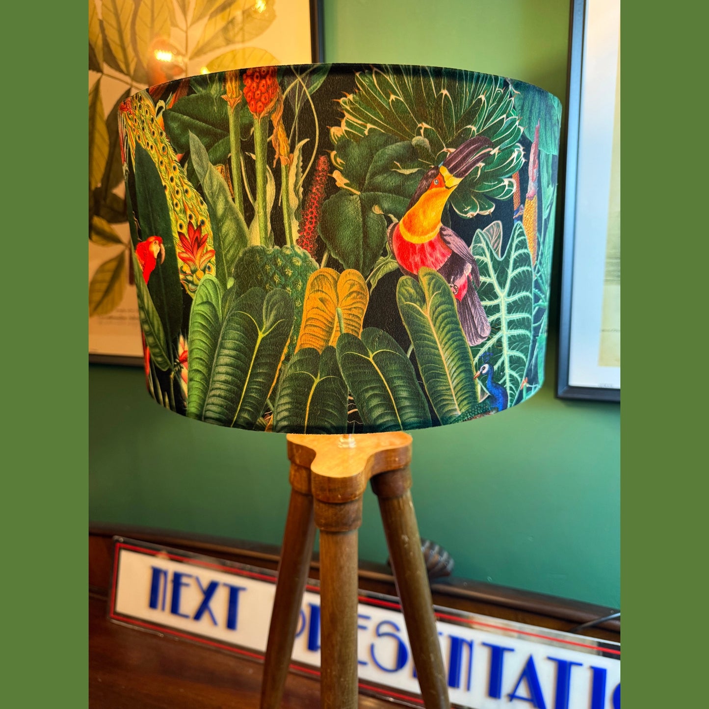 Rainforest black velvet lampshade parrot toucan palm peacock jungle