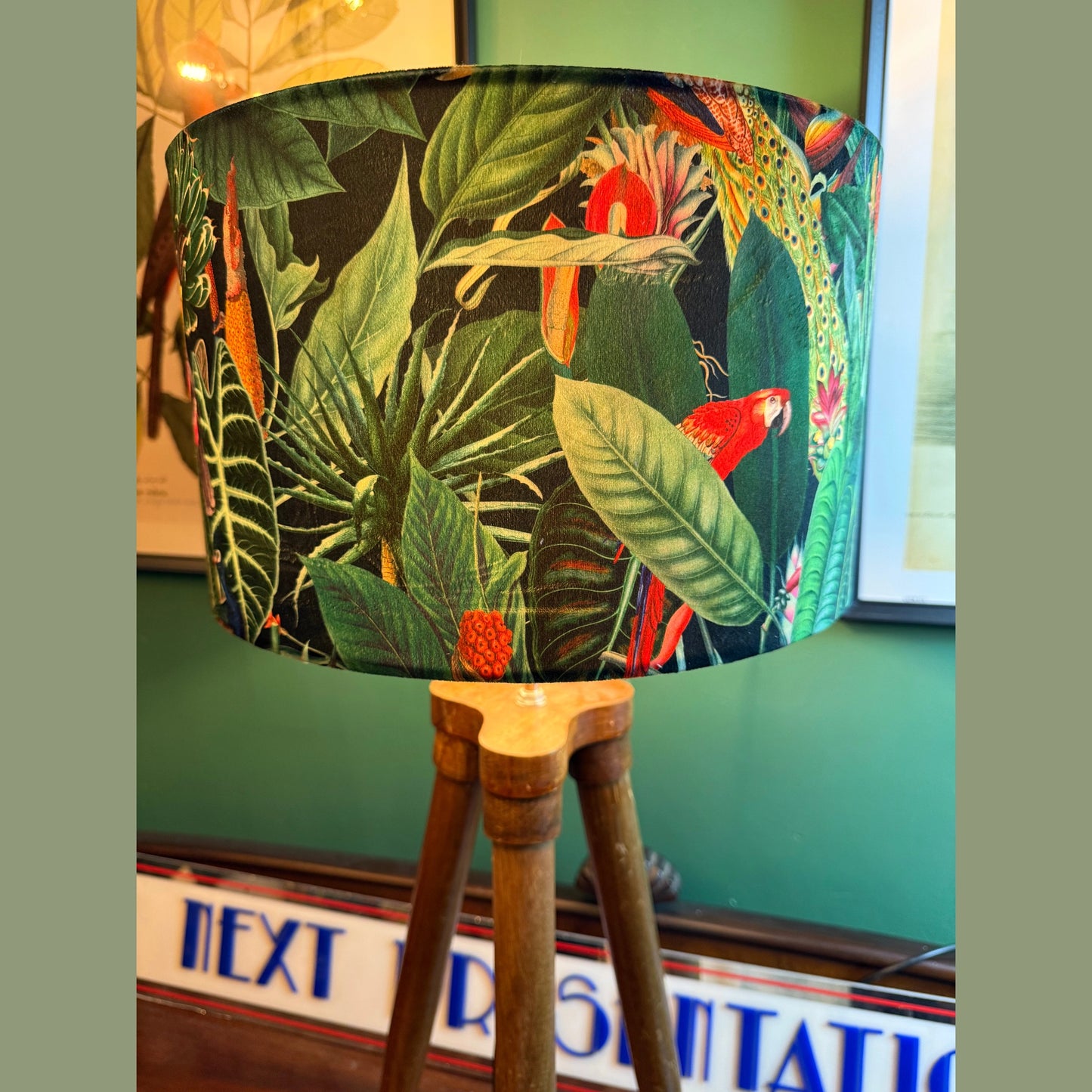Rainforest black velvet lampshade parrot toucan palm peacock jungle