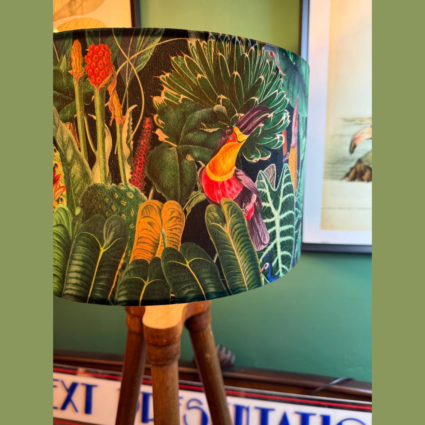 Rainforest black velvet lampshade parrot toucan palm peacock jungle