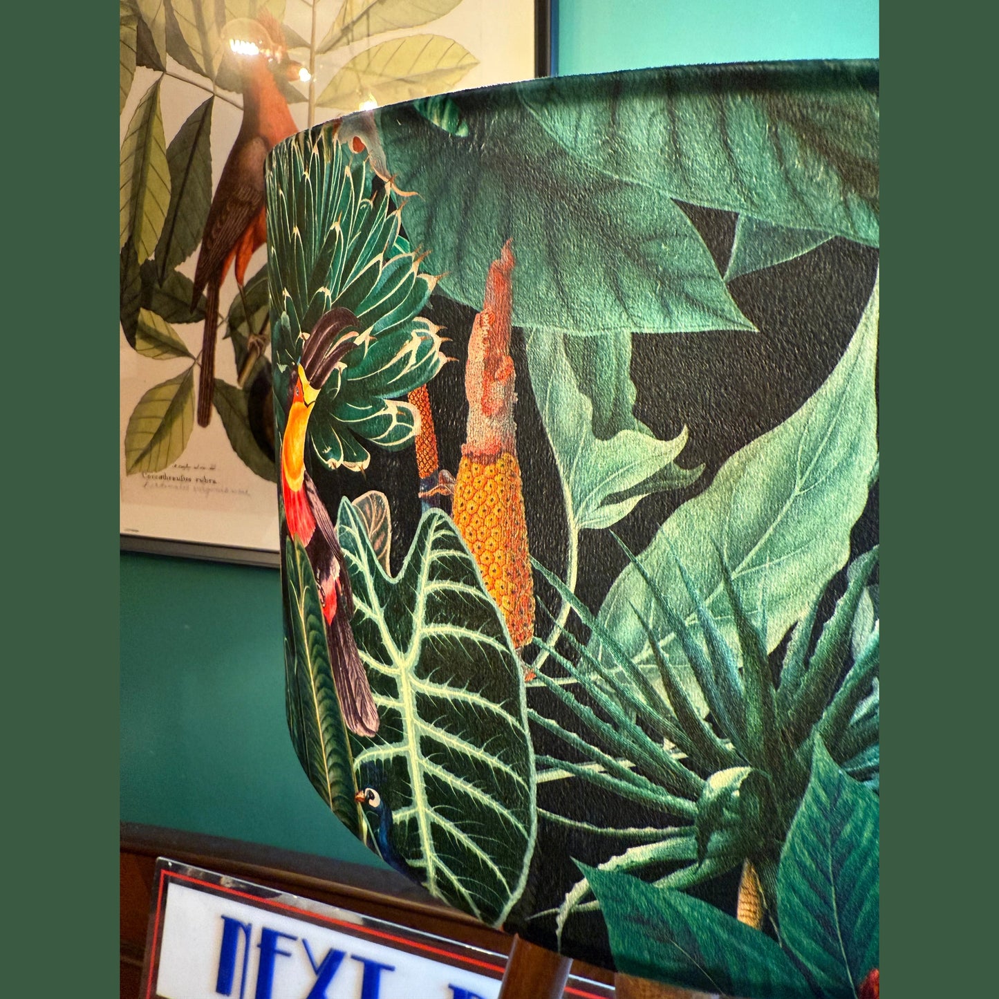 Rainforest black velvet lampshade parrot toucan palm peacock jungle