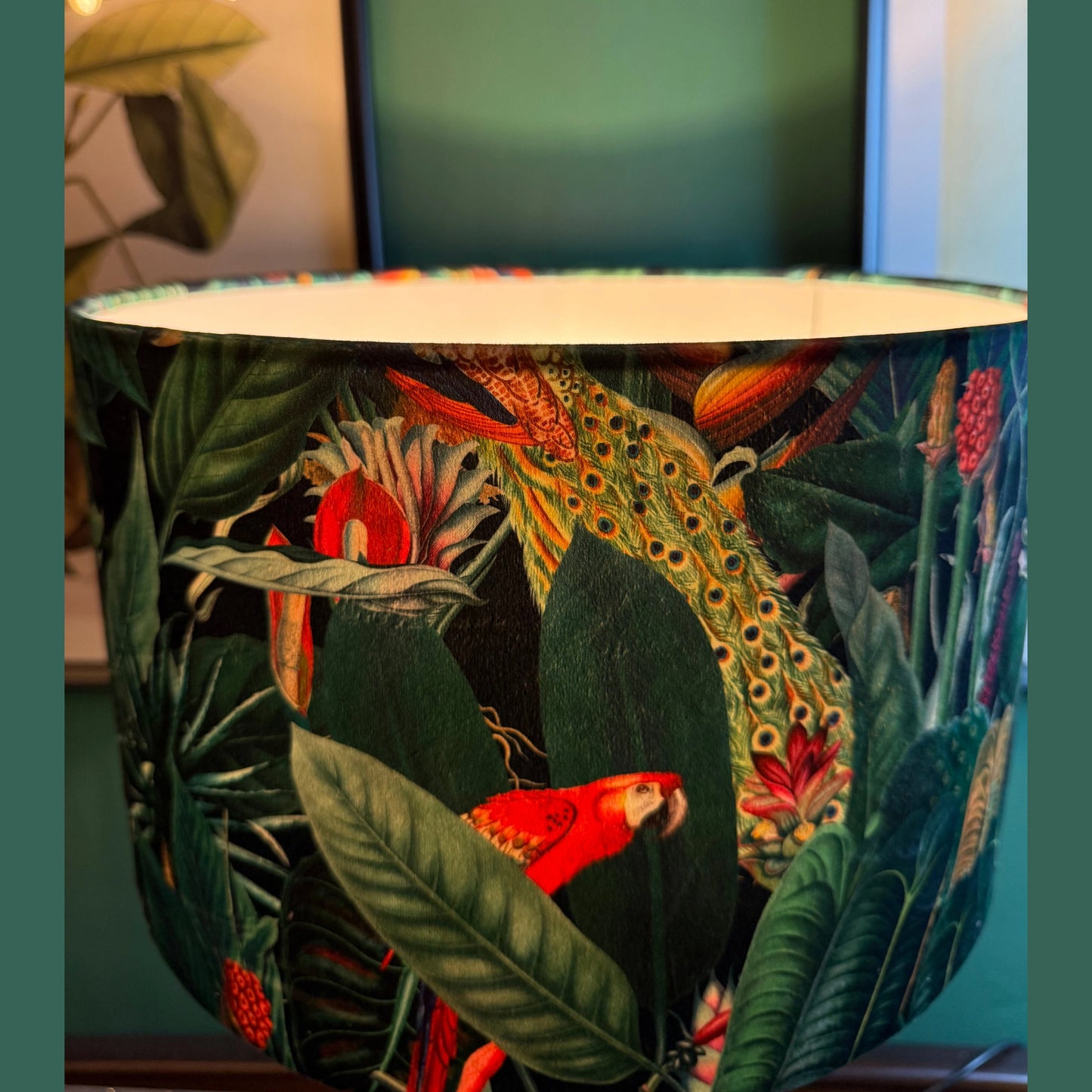 Rainforest black velvet lampshade parrot toucan palm peacock jungle