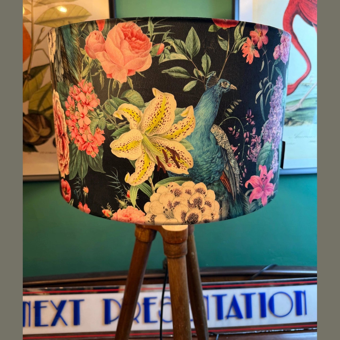 Black and teal velvet botanical peacocks lampshade