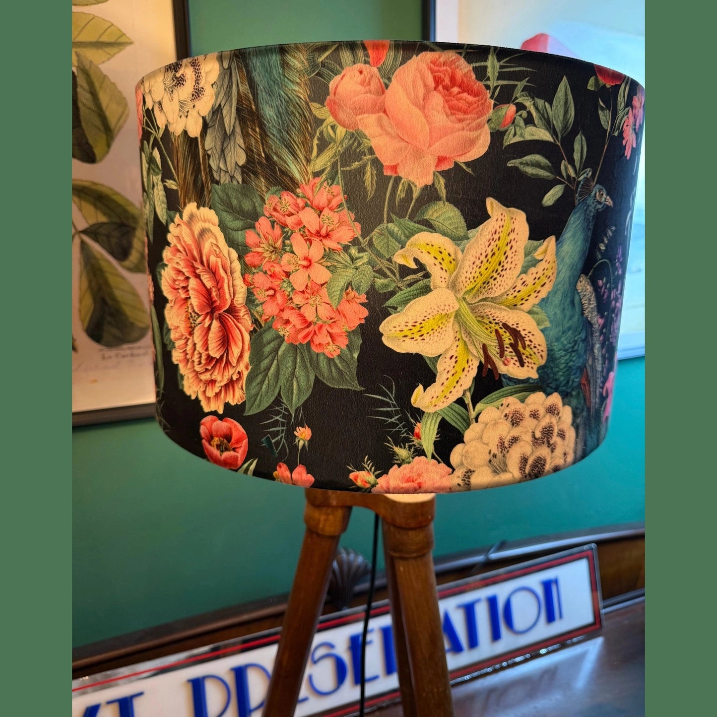 Black and teal velvet botanical peacocks lampshade