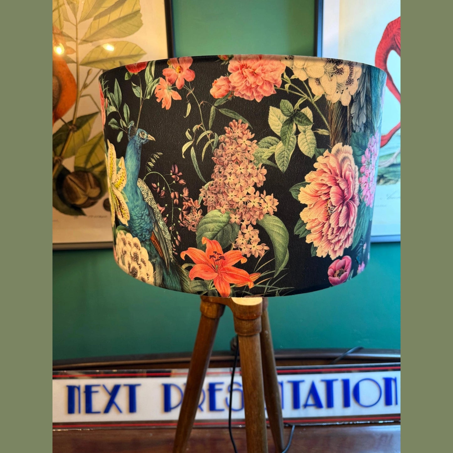 Black and teal velvet botanical peacocks lampshade