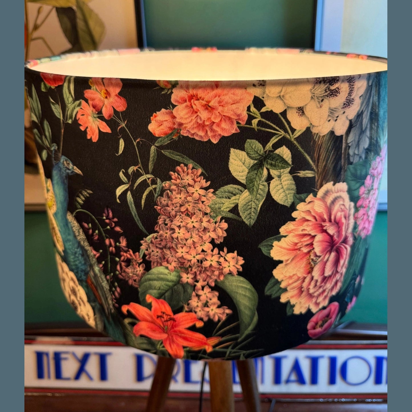 Black and teal velvet botanical peacocks lampshade