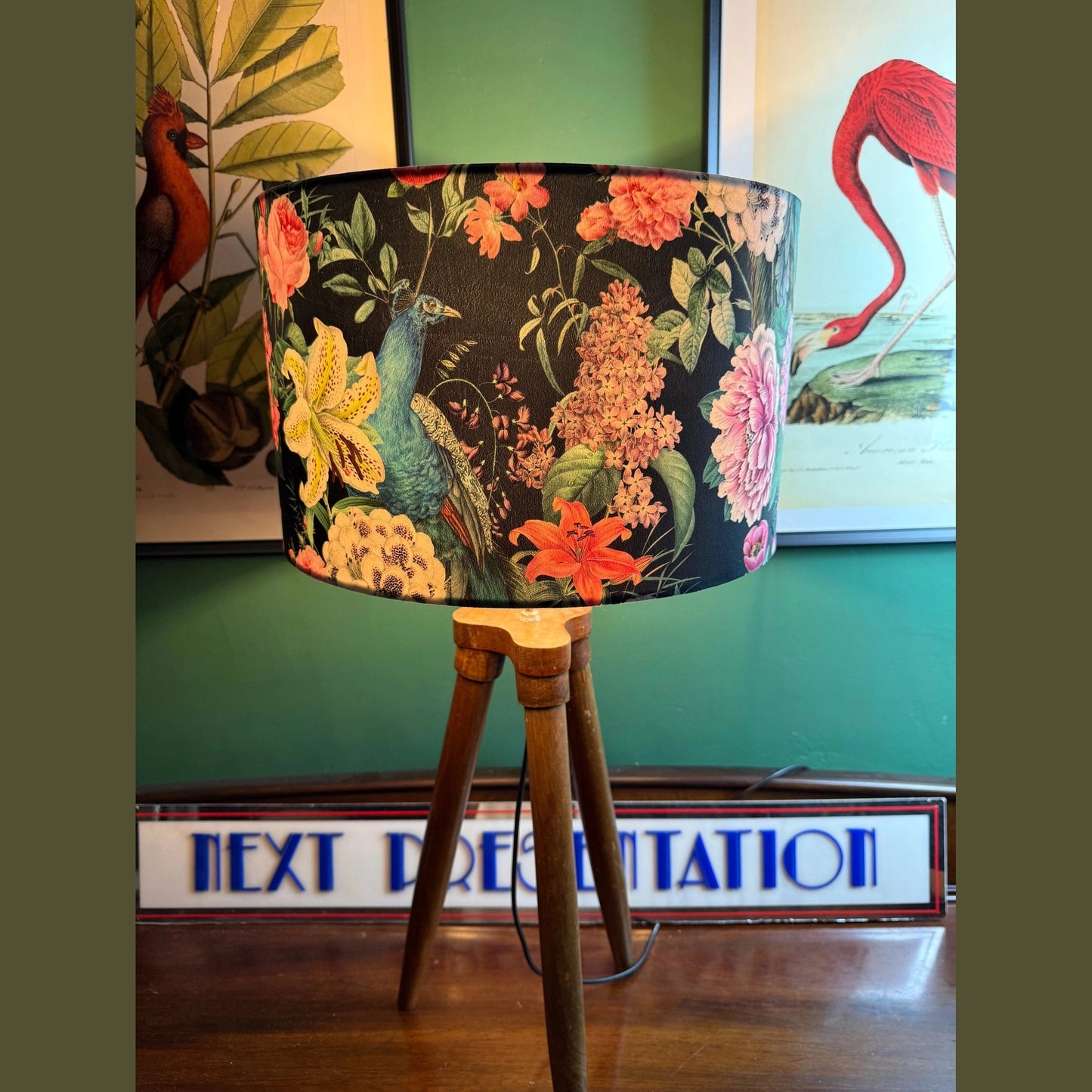Black and teal velvet botanical peacocks lampshade