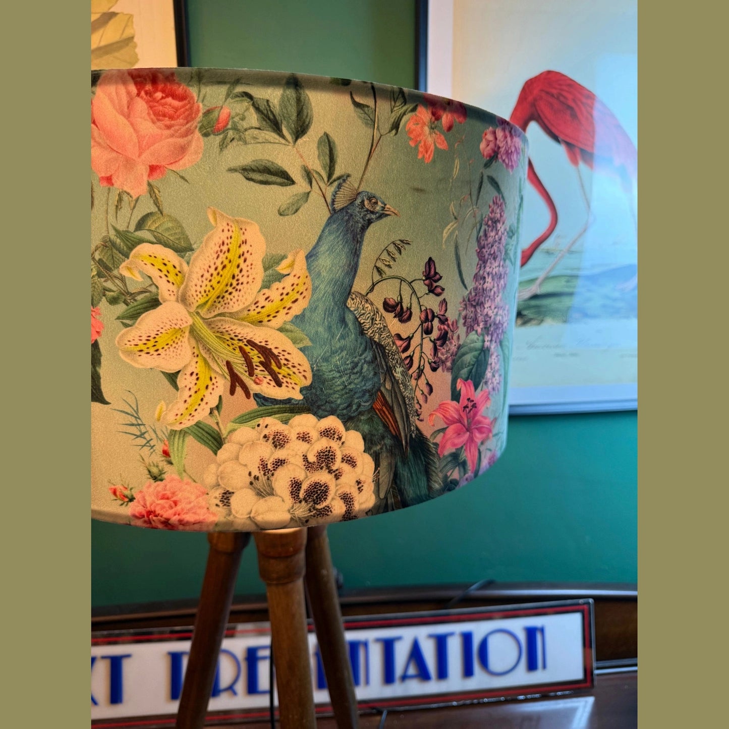 Turquoise botanical peacocks velvet lampshade