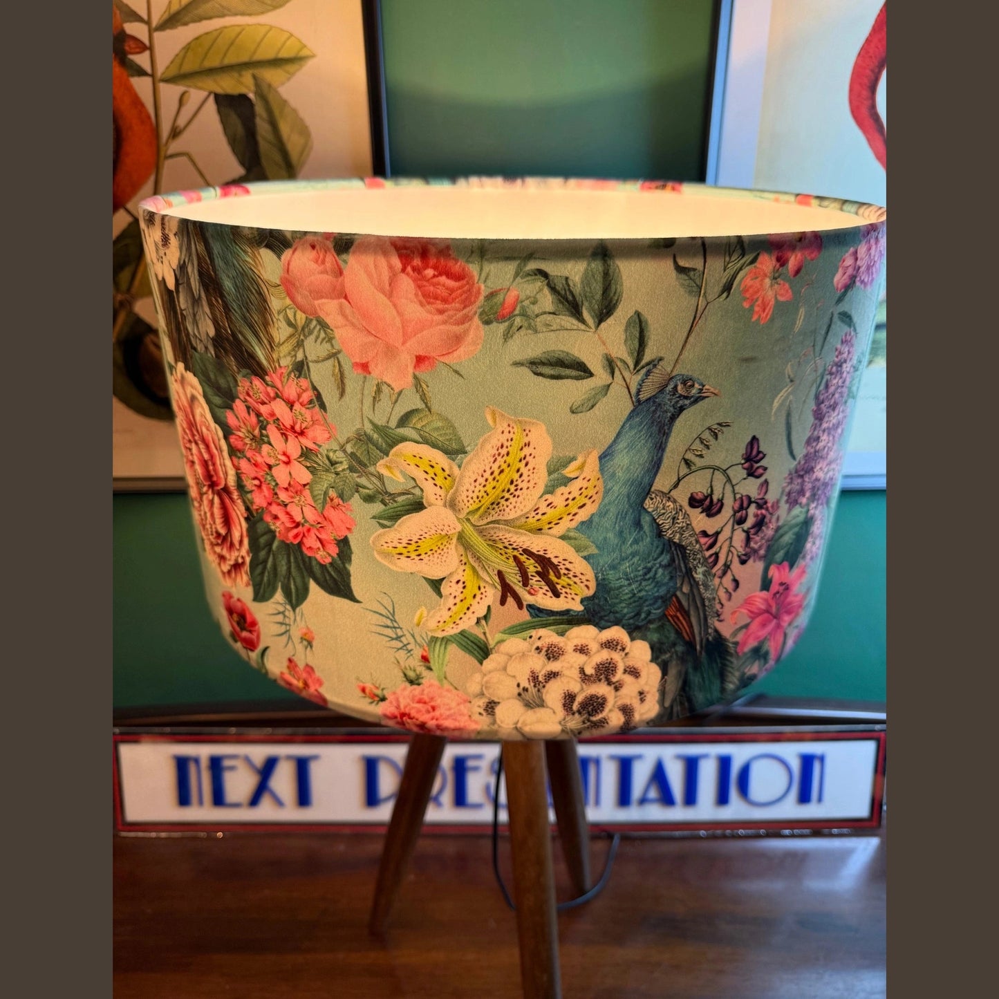 Turquoise botanical peacocks velvet lampshade