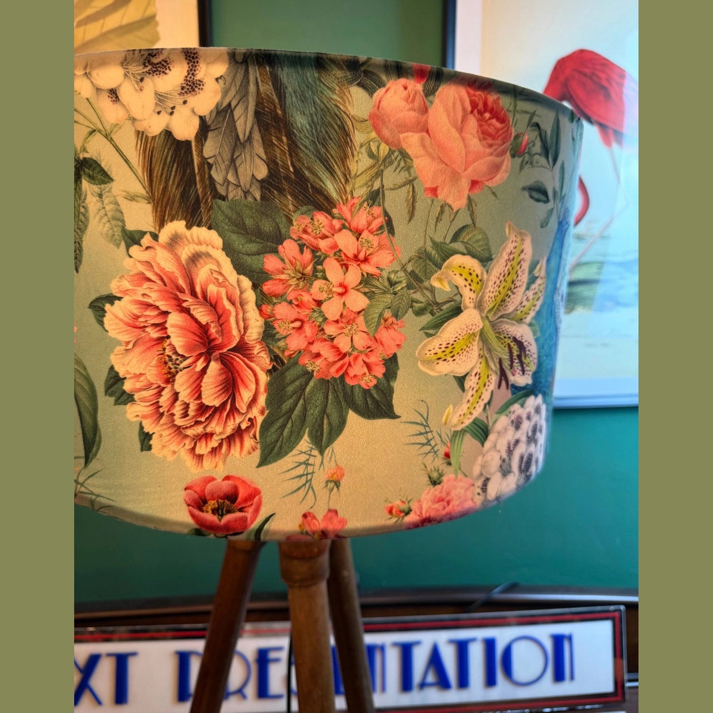 Turquoise botanical peacocks velvet lampshade