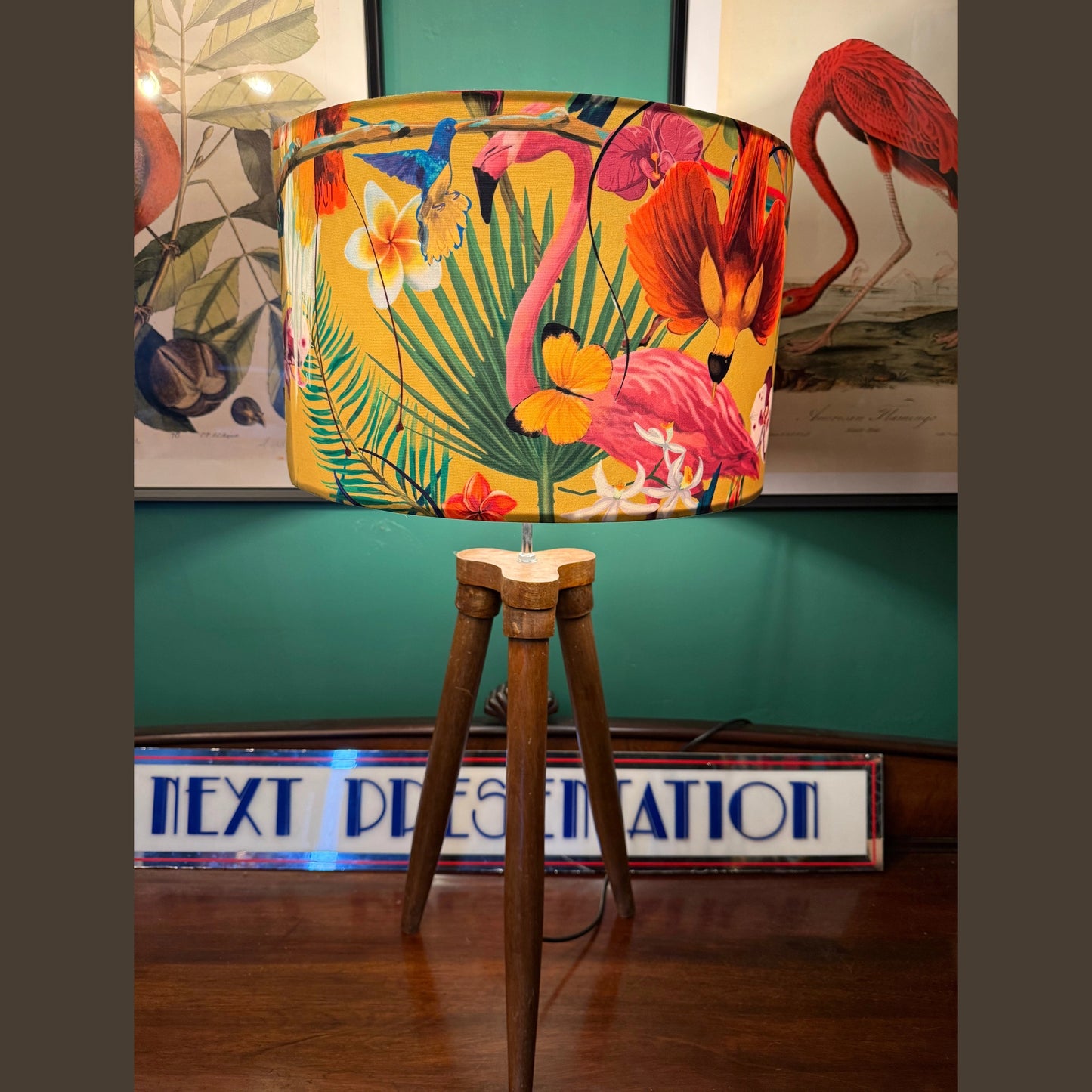 Yellow flamingo & hummingbird velvet lampshade