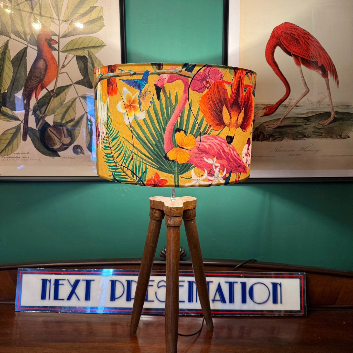 Yellow flamingo & hummingbird velvet lampshade