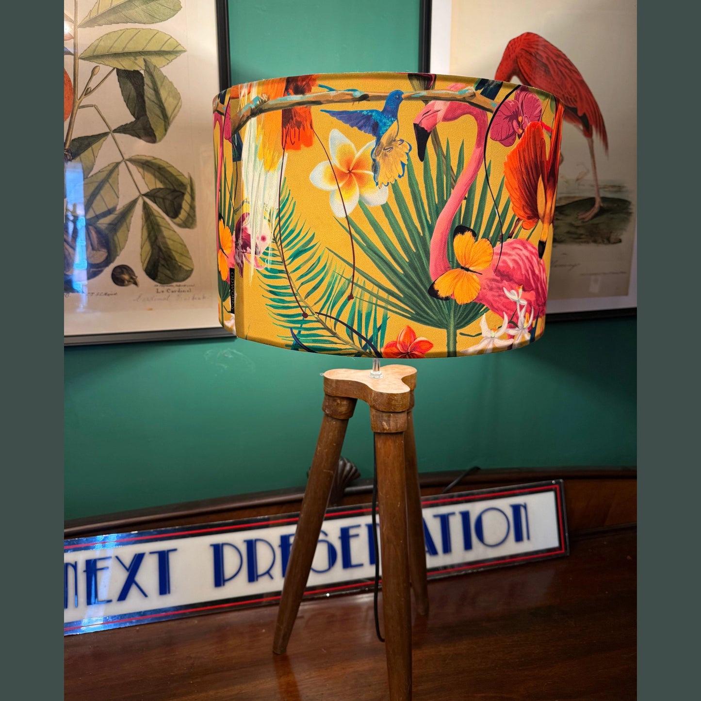 Yellow flamingo & hummingbird velvet lampshade