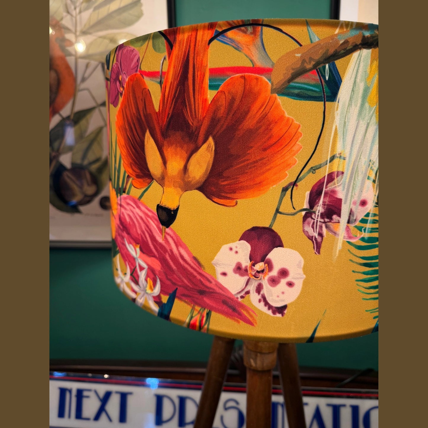Yellow flamingo & hummingbird velvet lampshade