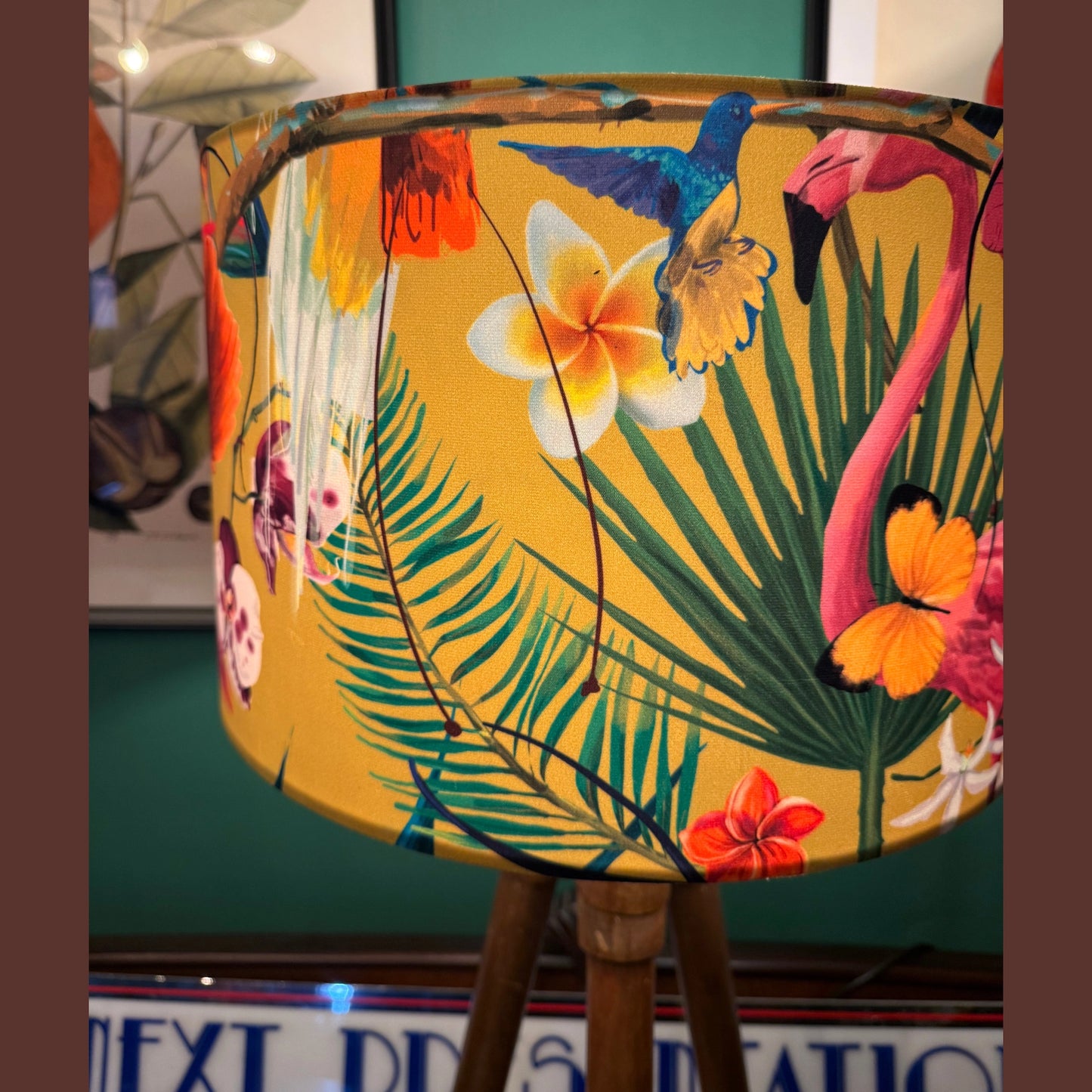 Yellow flamingo & hummingbird velvet lampshade