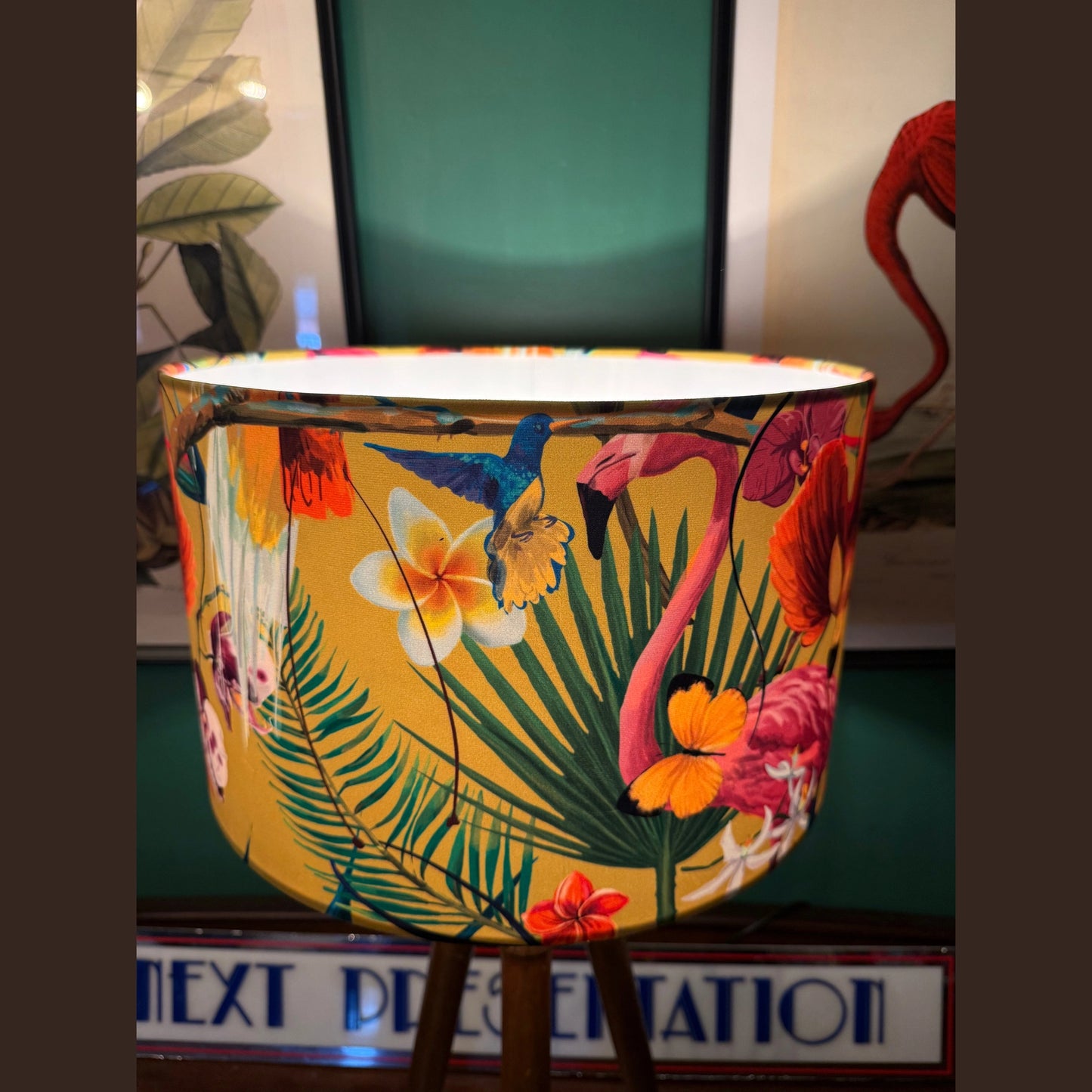 Yellow flamingo & hummingbird velvet lampshade