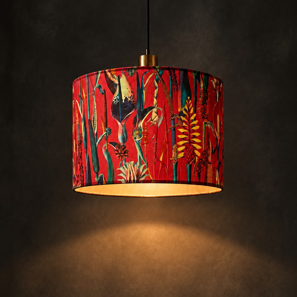 Colorful lampshade on a wooden stool with decorative elements in the background
